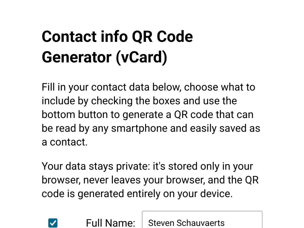 Screenshot of vCardQR